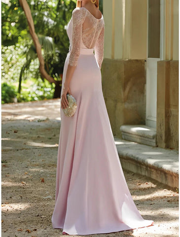 Meerjungfrau/Trompete Kleid für die Brautmutter, Hochzeitsgast, eleganter Rundhalsausschnitt, Schleppe, Stretch-Stoff, 3/4-Ärmel mit Spitze, Schlitz vorne, Rüschen