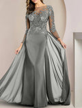 Sheath / Column Mother of the Bride Dress Formal Wedding Guest Elegant Scoop Neck Floor Length Chiffon Lace Long Sleeve with Beading Appliques