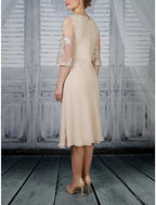 Sheath / Column Mother of the Bride Dress Wedding Guest Party Elegant Scoop Neck Tea Length Chiffon Lace Half Sleeve with Ruffles Solid Color