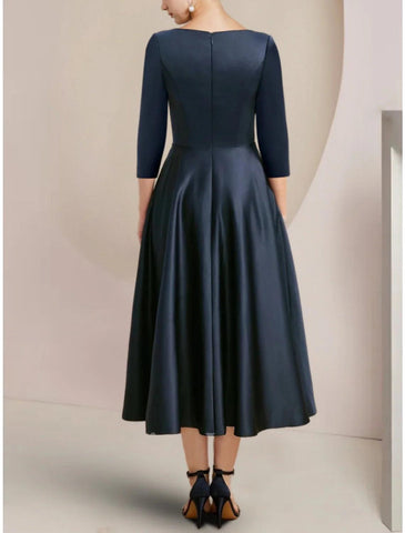 Numbersea A-Linien-Kleid für die Mutter der Braut, für Hochzeitsgäste, elegant, zierlich, V-Ausschnitt, wadenlang, Satin, 3/4-Ärmel mit Rüschen, einfarbig