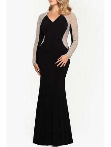 Meerjungfrau/Trompete Kleid für die Mutter der Braut, Hochzeitsgast, Vintage, luxuriös, funkelnd und glänzend, V-Ausschnitt, bodenlang, Samt, lange Ärmel, mit Kristallen