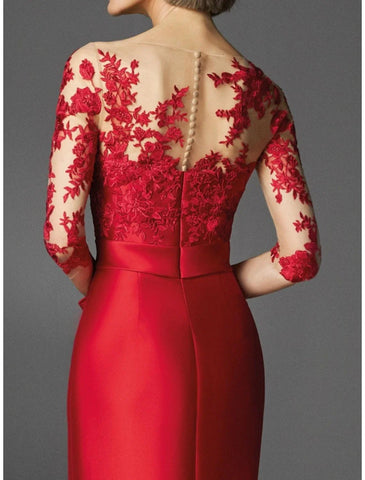 Meerjungfrau/Trompete Abendkleid Elegantes Kleid Verlobung Bodenlang 3/4 Ärmel Illusion Hals Herbst Hochzeitsgast Satin mit Applikationen