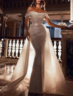 Mermaid / Trumpet Evening Gown Luxurious Dress Wedding Party Sweep / Brush Train Short Sleeve Off Shoulder Detachable Sequined with Overskirt