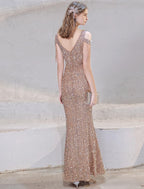 Vestidos de fiesta de sirena/trompeta, vestido brillante, para invitados de boda, largo hasta el suelo, manga corta, cuello en V, lentejuelas con cuentas y lentejuelas