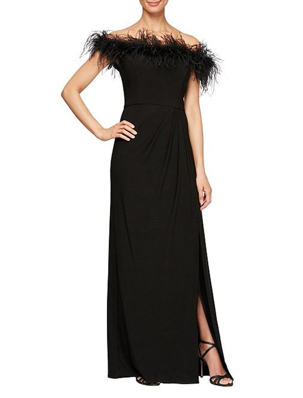 Vestido de noche formal elegante con corte en forma de tubo/columna, hombros descubiertos, manga corta, largo hasta el suelo, satén elástico con drapeado de plumas/piel.
