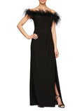 Vestido de noche formal elegante con corte en forma de tubo/columna, hombros descubiertos, manga corta, largo hasta el suelo, satén elástico con drapeado de plumas/piel.