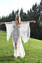 NumberSea - NumberSea Bohemian Wedding Dress with Embroidered Lace and Fringe Lace Trim, Flutter Dress A Linr Tassel Long Sleeve, Beach Wedding Dress