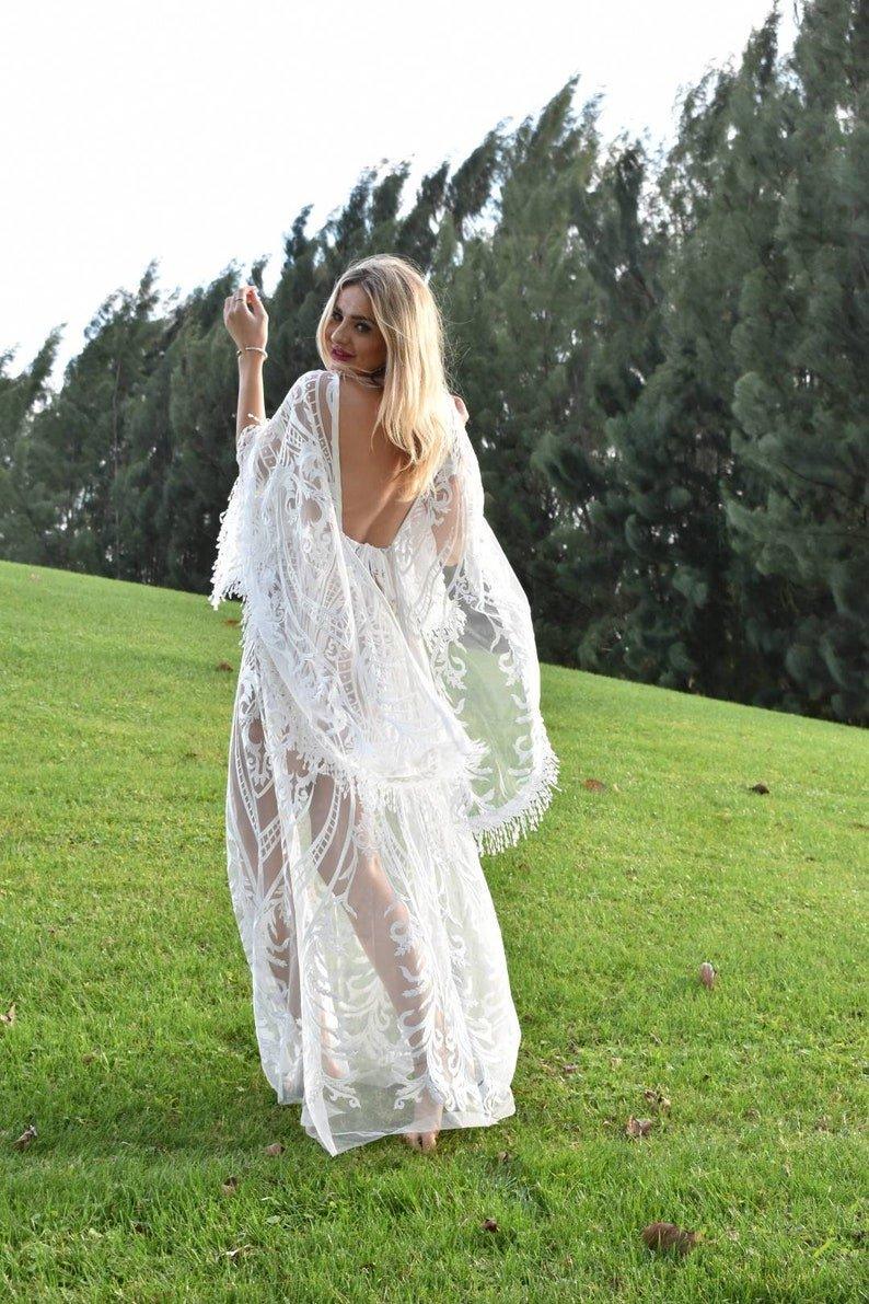 NumberSea - NumberSea Bohemian Wedding Dress with Embroidered Lace and Fringe Lace Trim, Flutter Dress A Linr Tassel Long Sleeve, Beach Wedding Dress
