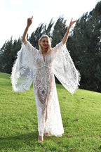 NumberSea - NumberSea Bohemian Wedding Dress with Embroidered Lace and Fringe Lace Trim, Flutter Dress A Linr Tassel Long Sleeve, Beach Wedding Dress