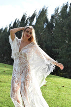NumberSea - NumberSea Bohemian Wedding Dress with Embroidered Lace and Fringe Lace Trim, Flutter Dress A Linr Tassel Long Sleeve, Beach Wedding Dress