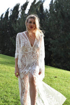 NumberSea - NumberSea Bohemian Wedding Dress with Embroidered Lace and Fringe Lace Trim, Flutter Dress A Linr Tassel Long Sleeve, Beach Wedding Dress