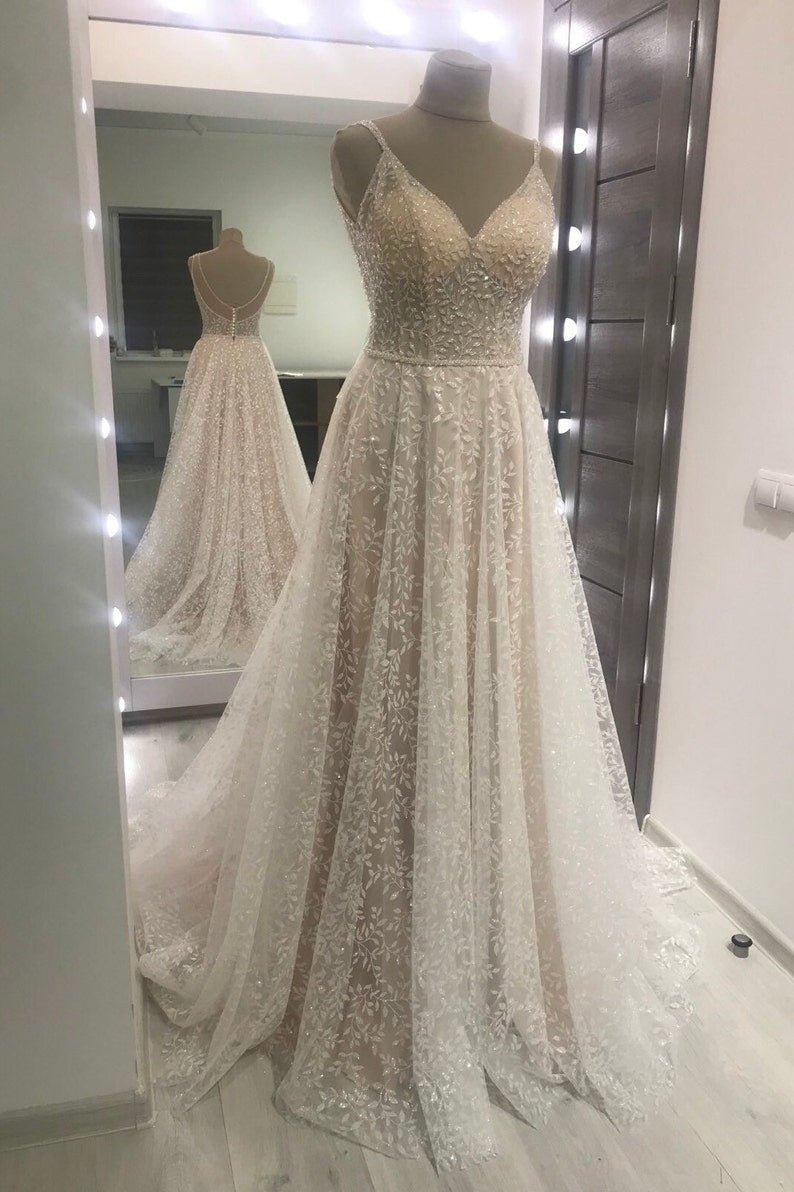 NumberSea-NumberSea Sparkle Wedding Dress, Crystals Embroidered Wedding Dress, A Line Wedding Dress, Backless Wedding Dress, Glitter Dress, Custom