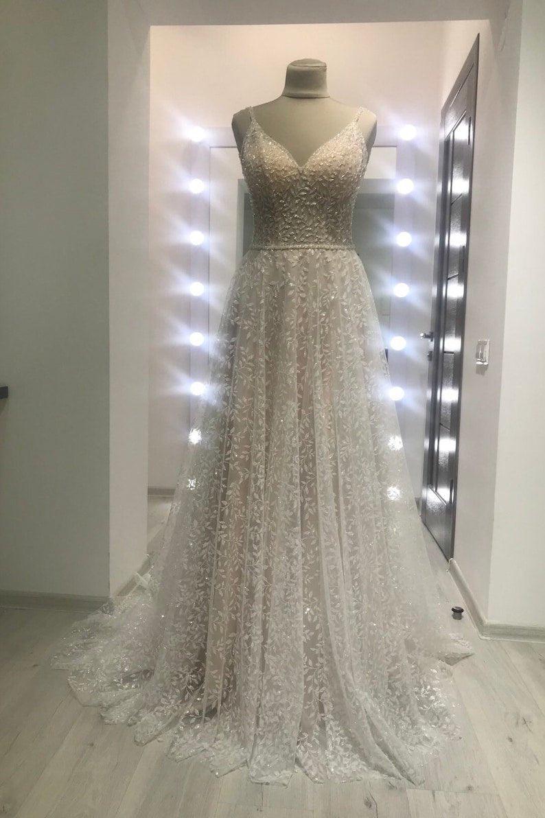 NumberSea-NumberSea Sparkle Wedding Dress, Crystals Embroidered Wedding Dress, A Line Wedding Dress, Backless Wedding Dress, Glitter Dress, Custom NumberSea-NumberSea Sparkle Wedding Dress, Crystals Embroidered Wedding Dress, A Line Wedding Dress, Backless Wedding Dress, Glitter Dress, Custom