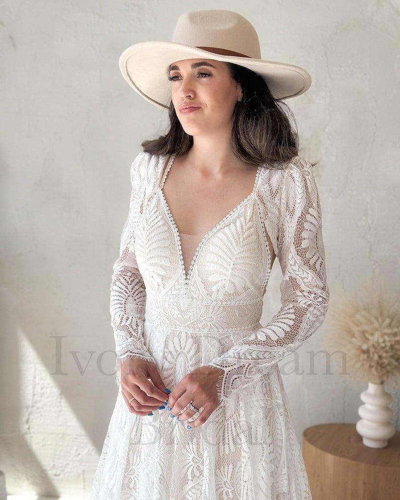 NumberSea - NumberSea Long lace removable sleeves wedding dress, A - line wedding dress, Boho wedding dress, Western wedding dress, Bohemian bridal gown