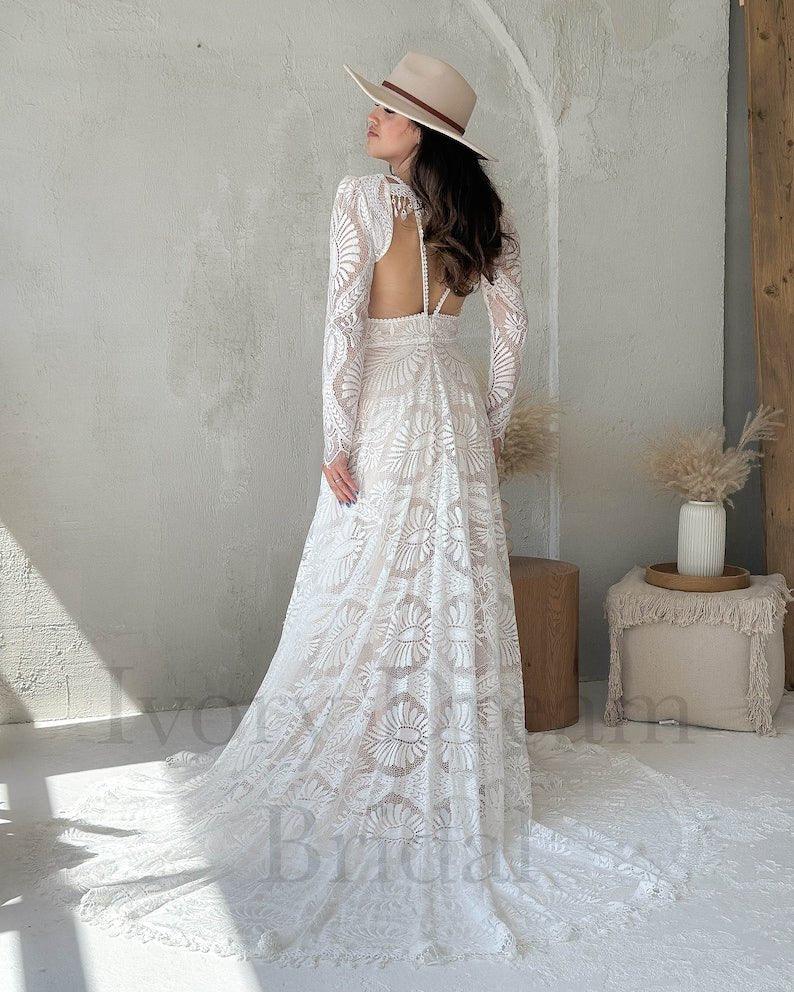 NumberSea-NumberSea Long lace removable sleeves wedding dress, A-line wedding dress, Boho wedding dress, Western wedding dress, Bohemian bridal gown NumberSea-NumberSea Long lace removable sleeves wedding dress, A-line wedding dress, Boho wedding dress, Western wedding dress, Bohemian bridal gown
