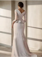 Trumpet Wedding Guest Elegant Vintage Party Illusion Neck Floor Length Lace Stretch Fabric 3/4 Length Sleeve Half Sleeve with Sash / Ribbon Ruched Beading Mother of the Bride Dress