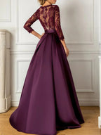 A-Line Evening Gown Luxurious Dress Formal Wedding Guest Floor Length 3/4 Length Sleeve V Neck Satin with Pleats Sequin
