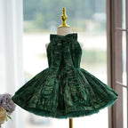 Velvet Knee-length Green Birthday Holiday Baby Girl Dress