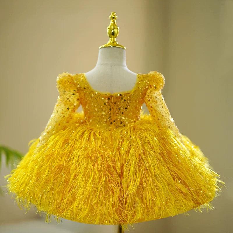 Yellow Sequin Long Sleeves Knee-length Baby Girl Dress