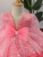 Lilac Sequin Ruffled Long Sleeves Bowknot Knee-length Baby Girl Dress