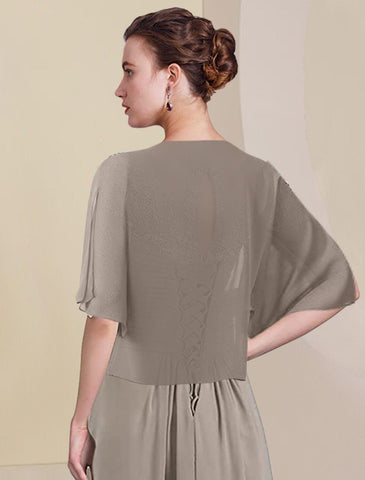 Vestido de dos piezas de corte A para madre de la novia, elegante, formal, para invitada de boda, escote en V alto y bajo, asimétrico, largo hasta la rodilla, de gasa, con encaje, media manga, cruzado incluido, con apliques fruncidos