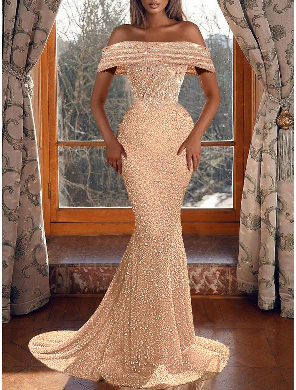 Vestido de fiesta de sirena, vestido de noche con brillo y destellos, vestido de graduación, cumpleaños, asimétrico, manga corta, hombros descubiertos, con lentejuelas