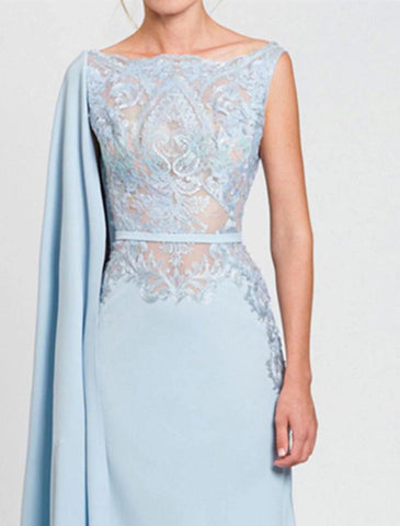 Meerjungfrau/Trompete Kleid für die Mutter der Braut, formelle Hochzeitsgastparty, eleganter Rundhalsausschnitt, Hofschleppe, Chiffon, Spitze, ärmellos, mit Schärpe/Band-Applikationen