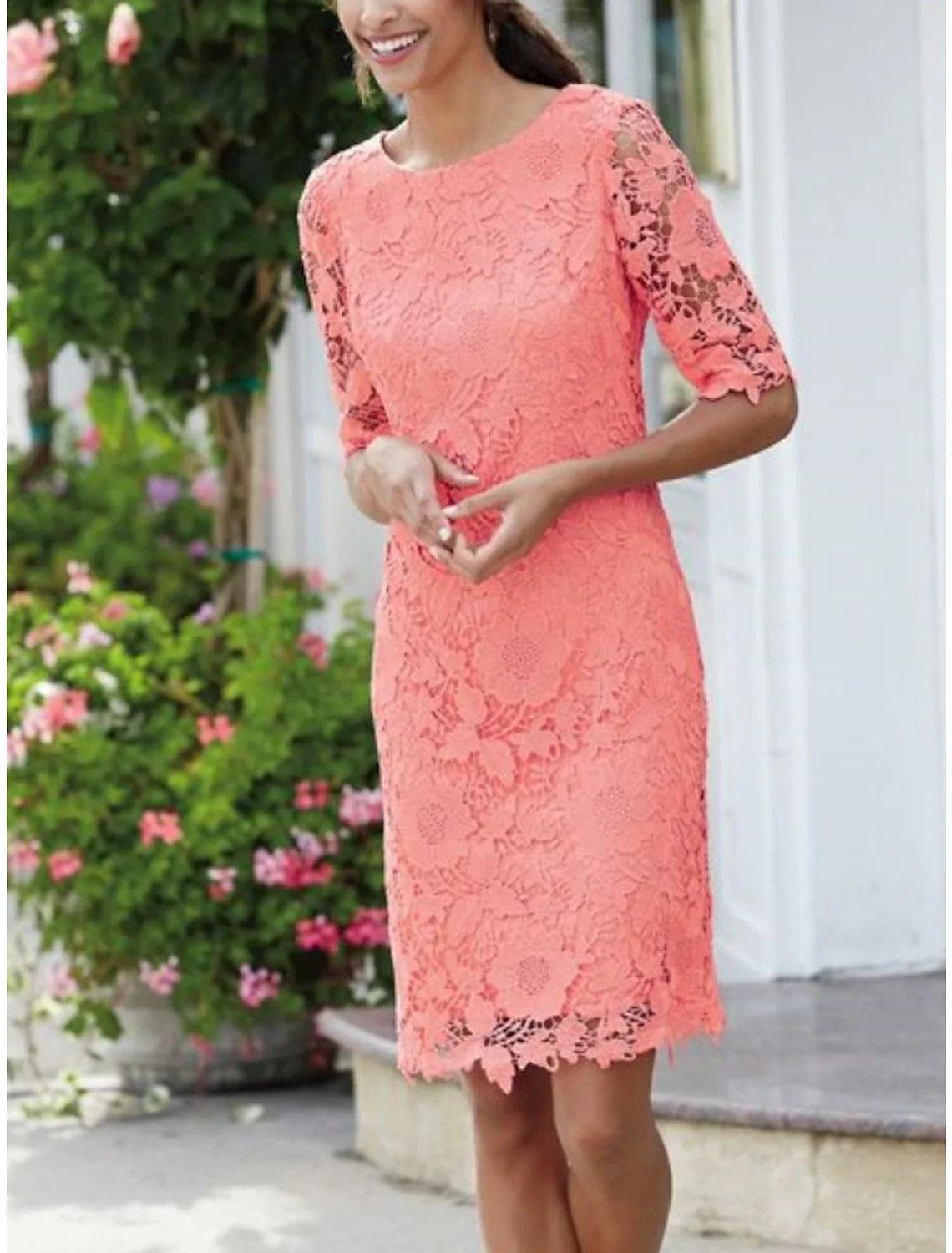 Vestido de Madre de la Novia con Corte en Columna, para Invitadas de Boda, Pequeño, Dulce, Escote Redondo, Hasta la Rodilla, Encaje, Media Manga con Color Sólido, Otoño
