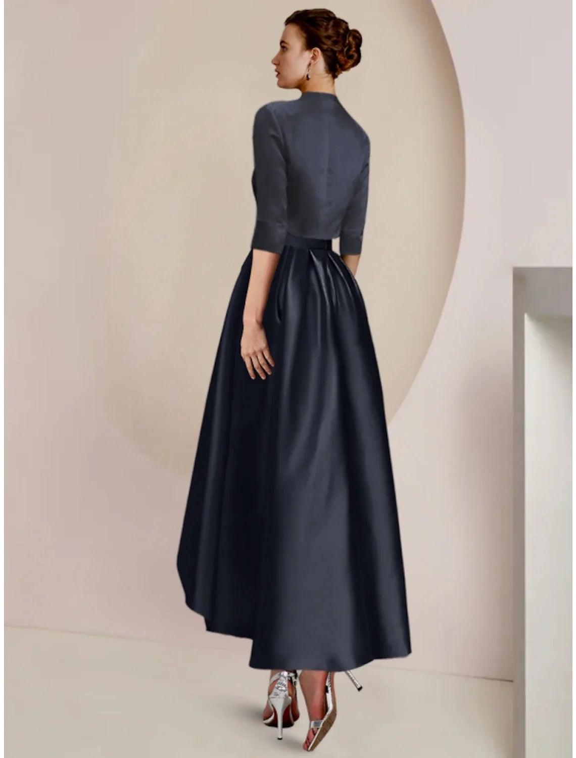 Etuikleid / Säule Kleid für die Brautmutter Hochzeitsgast Minimalistisch Elegant Rundhalsausschnitt Asymmetrisch Knöchellang Satin Spitze Halbarm mit Falten Volltonfarbe