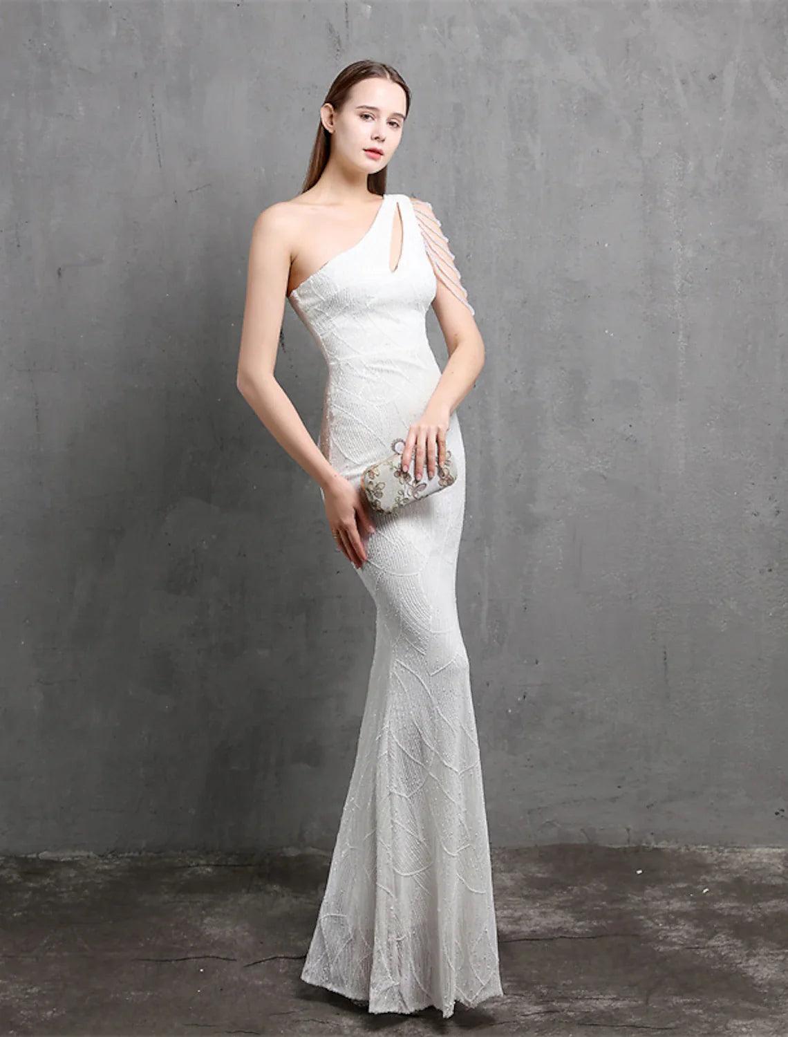 Meerjungfrau/Trompete Abendkleid Sparkle &amp; Shine Kleid Formelle Hochzeit Gast Bodenlang Kurzarm Eine Schulter Pailletten mit Pailletten