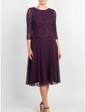 Numbersea A-Linien-Kleid für die Mutter der Braut, für Hochzeitsgäste, elegant, zierlich, Rundhalsausschnitt, knielang, Chiffon, Spitze, 3/4-Ärmel mit Falten, Pailletten