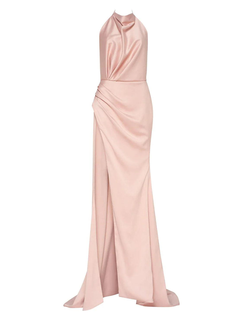 Vestidos de fiesta de corte tubo/columna, elegantes, para graduación, corte en cola, sin mangas, cuello halter, para invitados de boda de otoño, de satén con abertura, color puro