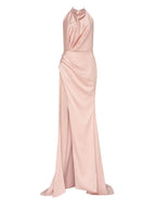 Vestidos de fiesta de corte tubo/columna, elegantes, para graduación, corte en cola, sin mangas, cuello halter, para invitados de boda de otoño, de satén con abertura, color puro