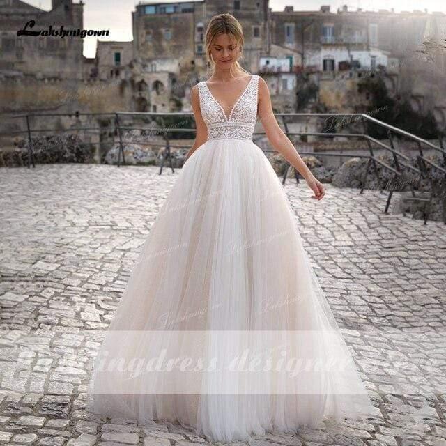 NumberSea Sommer Strand A-Linie Prinzessin Brautkleider V Ausschnitt