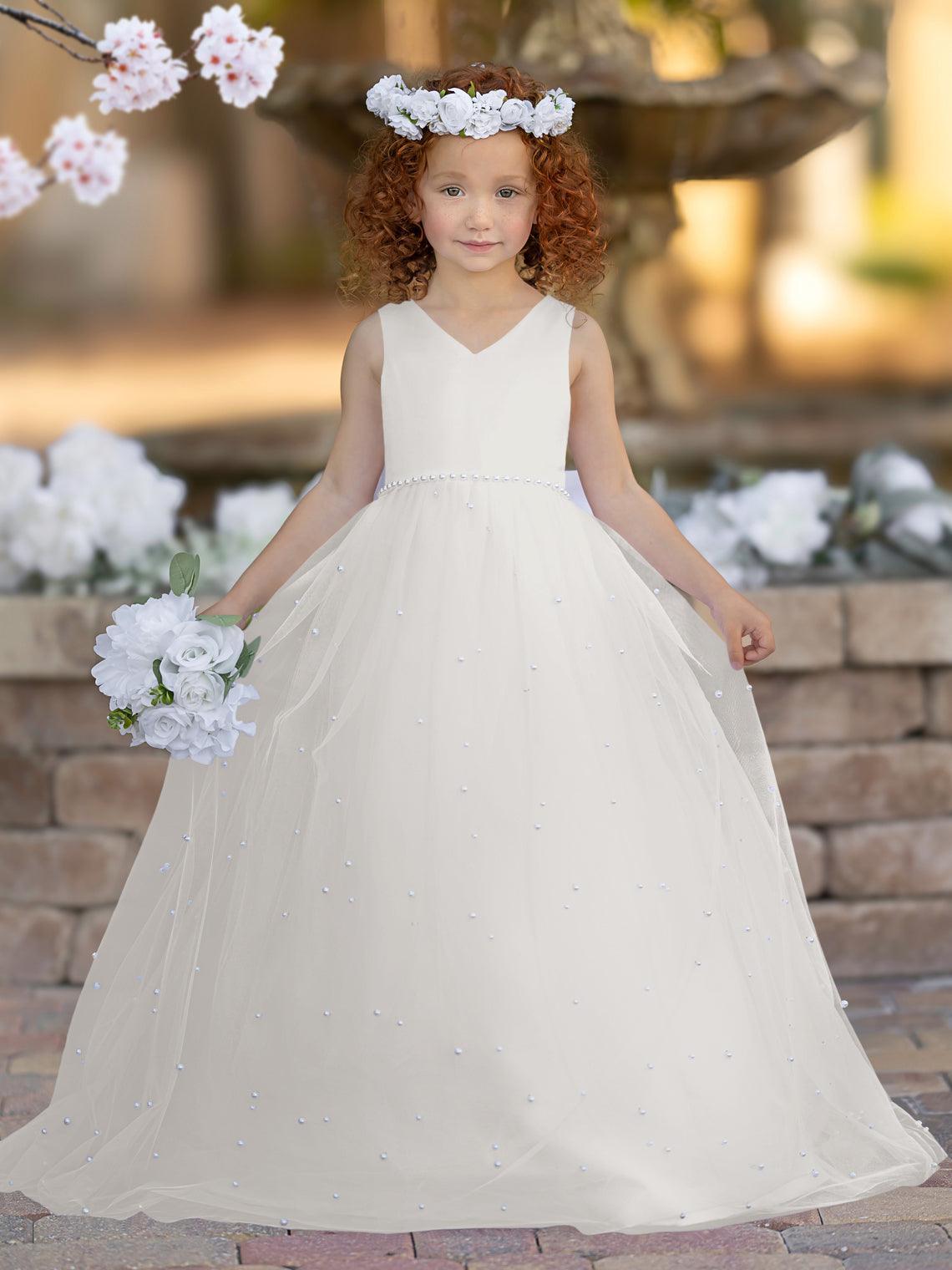 Elegante vestido de princesa de satén y tul para niña de las flores 