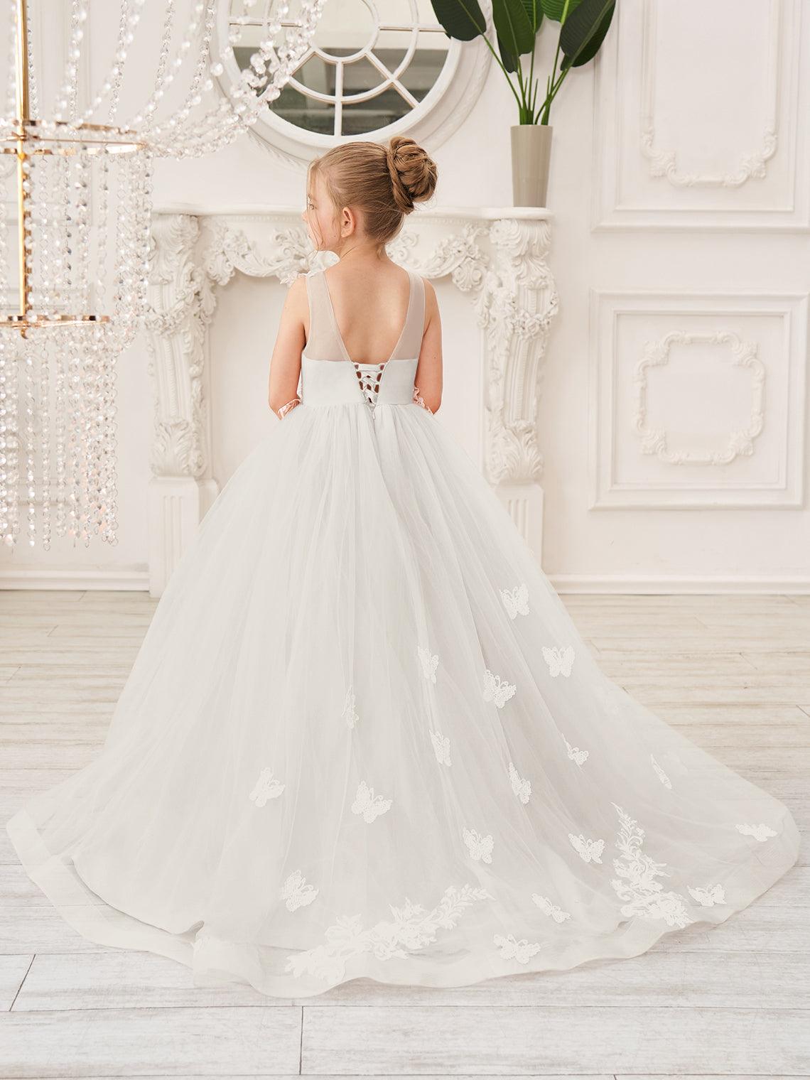Elegante vestido de tul sin mangas estilo princesa de corte A para niña de las flores 
