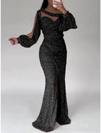 Meerjungfrauenkleid, Abendkleid, Weihnachten, Rot, Grün, Formales Kleid, Sweep/Pinselzug, Langarm, Rundhalsausschnitt, Pailletten mit Glitzer, gerüschtem Schlitz