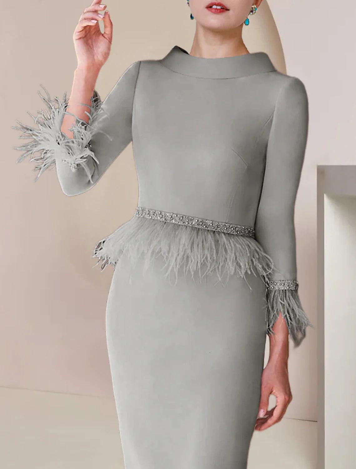 Vestido de madre de la novia con corte tubo/columna, elegante, escote redondo, largo hasta la rodilla, de satén, manga 3/4 con cuentas de plumas.