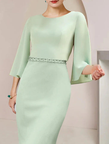 Meerjungfrau/Trompete Mutter der Braut Kleid Hochzeit Gast Party Elegante U-Ausschnitt Tee Länge Stretch Chiffon 3/4 Länge Ärmel mit Perlen