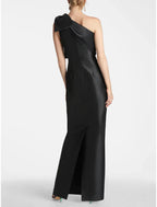 Satin Meerjungfrau Partykleid Abendkleid Champagner Schwarz Elegantes Kleid Formell Herbst Knöchellang Ärmellos Eine Schulter mit Schleife(n) Schlitz
