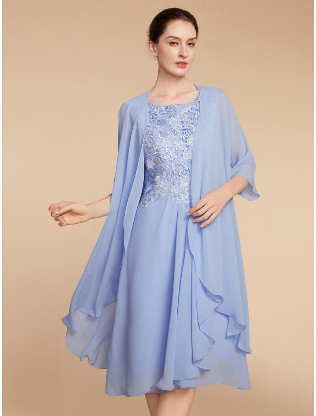 Vestido de dos piezas tipo tubo/columna para madre de la novia, elegante, pequeño, escote redondo, largo hasta la rodilla, de gasa, con encaje, media manga y fruncido, color liso.