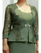 Vestido de dos piezas para madre de la novia, para invitada de boda, fiesta en la iglesia, elegante, escote redondo, largo hasta la rodilla, tejido elástico, manga larga con broche de cristal de encaje.