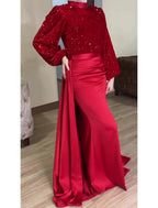 Meerjungfrau/Trompete Abendkleid Glitzerndes Kleid Formale Hochzeit Bodenlang Langarm Rundhals Herbst Hochzeitsgast Satin mit Überrock