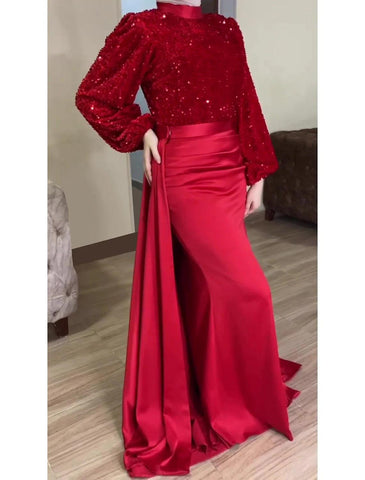 Meerjungfrau/Trompete Abendkleid Glitzerndes Kleid Formale Hochzeit Bodenlang Langarm Rundhals Herbst Hochzeitsgast Satin mit Überrock