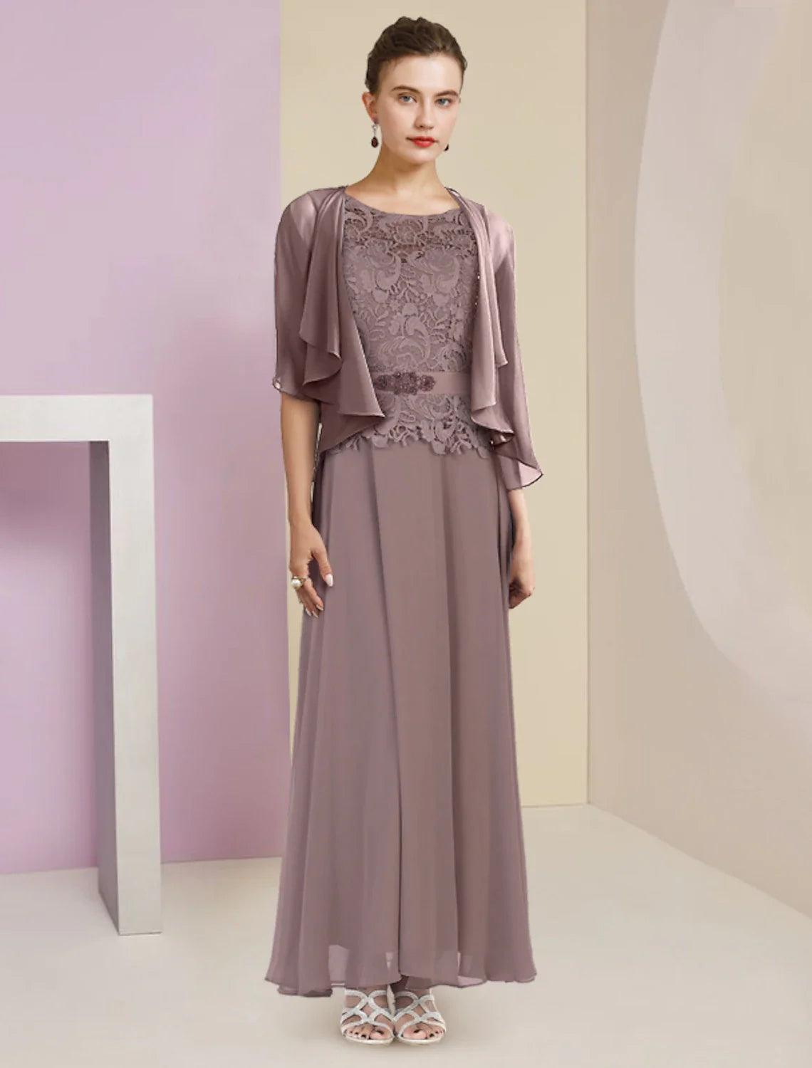 Vestido de dos piezas de corte A para madre de la novia, para invitada de boda formal, elegante, escote redondo, largo hasta el suelo, de gasa, con encaje, mangas 3/4, cruzado incluido con apliques, broche de cristal