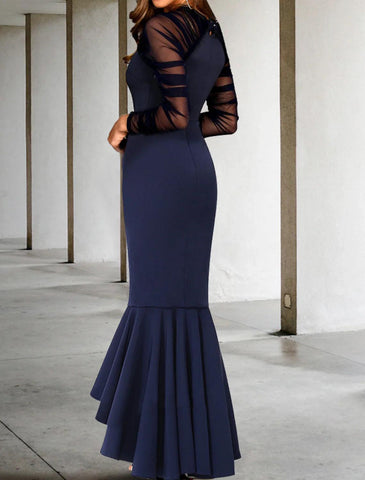 Meerjungfrau/Trompete Ballkleider Elegantes Kleid Formeller Hochzeitsgast Asymmetrisch Langarm V-Ausschnitt Stretchstoff mit gerafften Rüschen