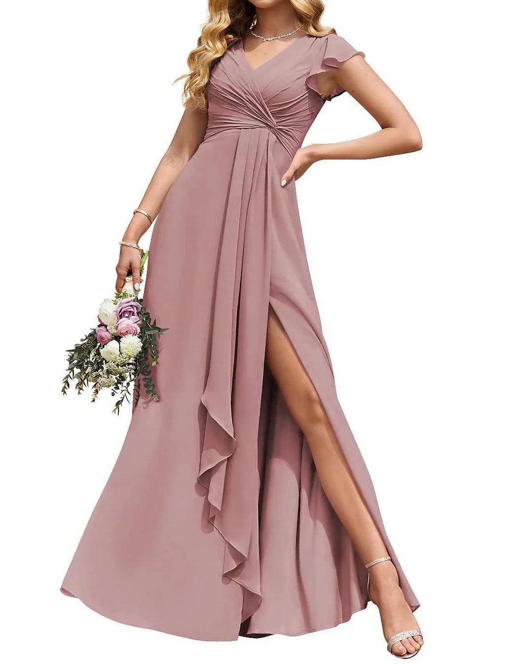 Vestido de dama de honor largo de gasa con escote en V y mangas con volantes, corte imperio, formal, con bolsillos