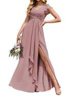 Vestido de dama de honor largo de gasa con escote en V y mangas con volantes, corte imperio, formal, con bolsillos