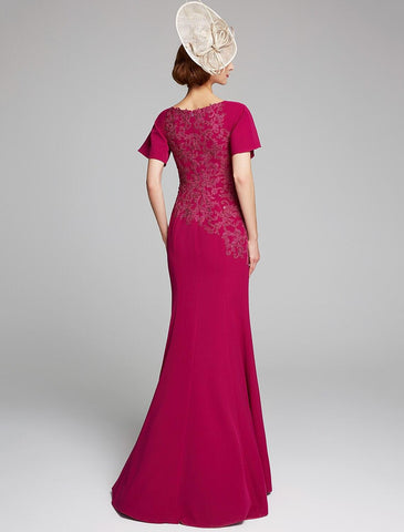 Meerjungfrau/Trompete Kleid für die Brautmutter, U-Boot-Ausschnitt, bodenlang, Chiffon, Spitze, kurze Ärmel, mit Spitze, Schlitz vorne