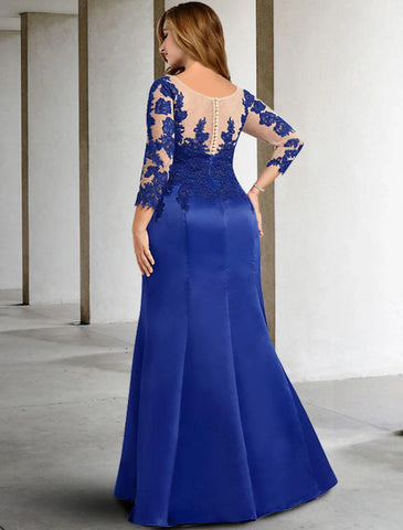 Meerjungfrau/Trompete Kleid für die Brautmutter, Übergröße, Bauchfrei, elegant, Rundhalsausschnitt, bodenlang, Chiffon, Spitze, 3/4-Ärmel, nein, mit Applikationen